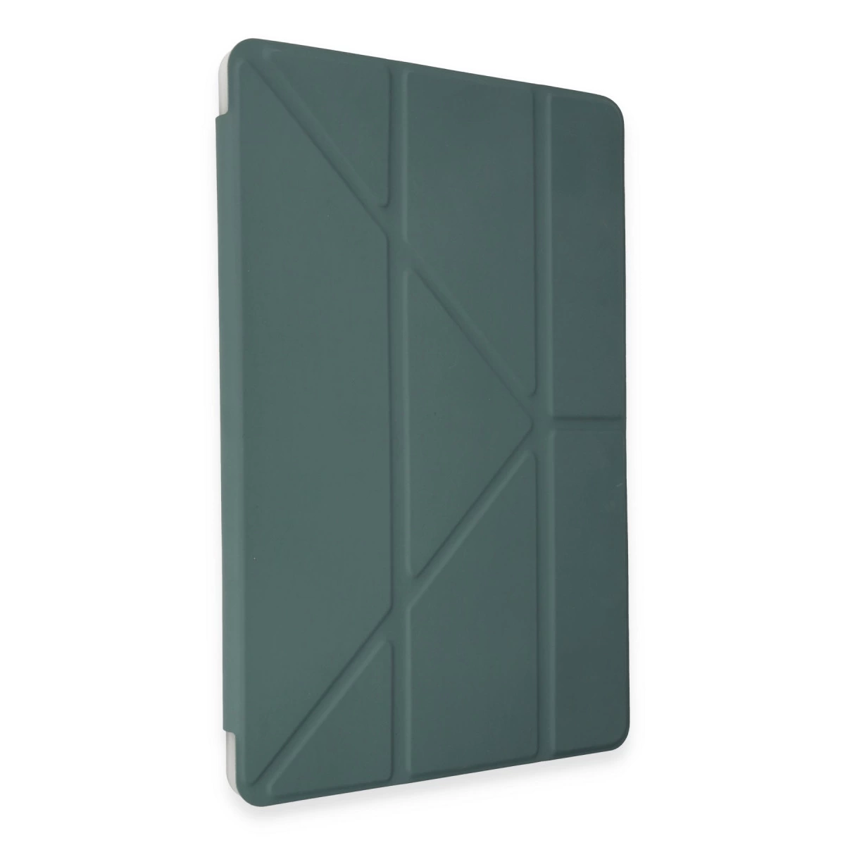 Geometrik desenli koyu yeşil tablet kılıfı. Açılı olarak gösterilmektedir.