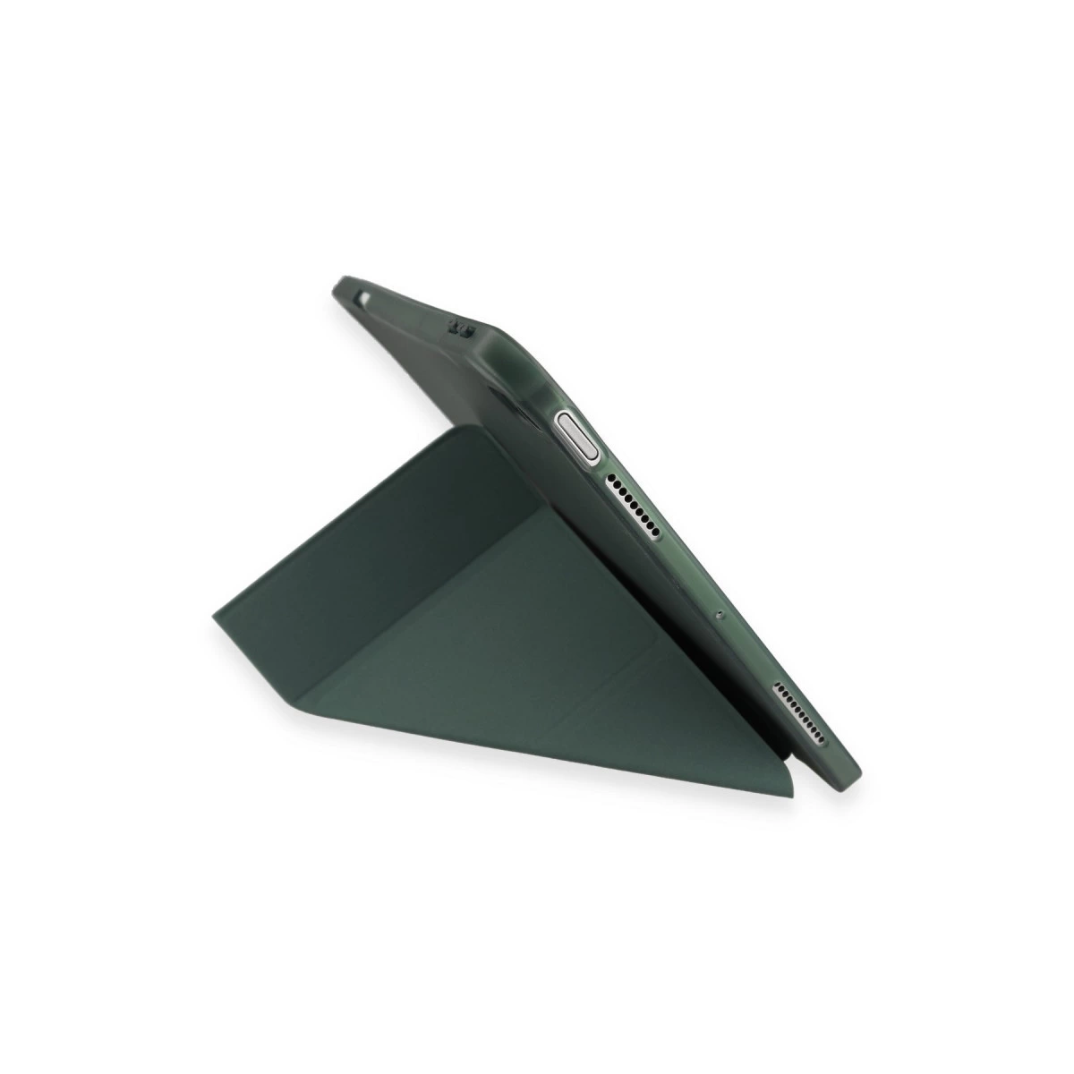 Koyu yeşil tablet katlanmış kılıfı beyaz zeminde duruyor.