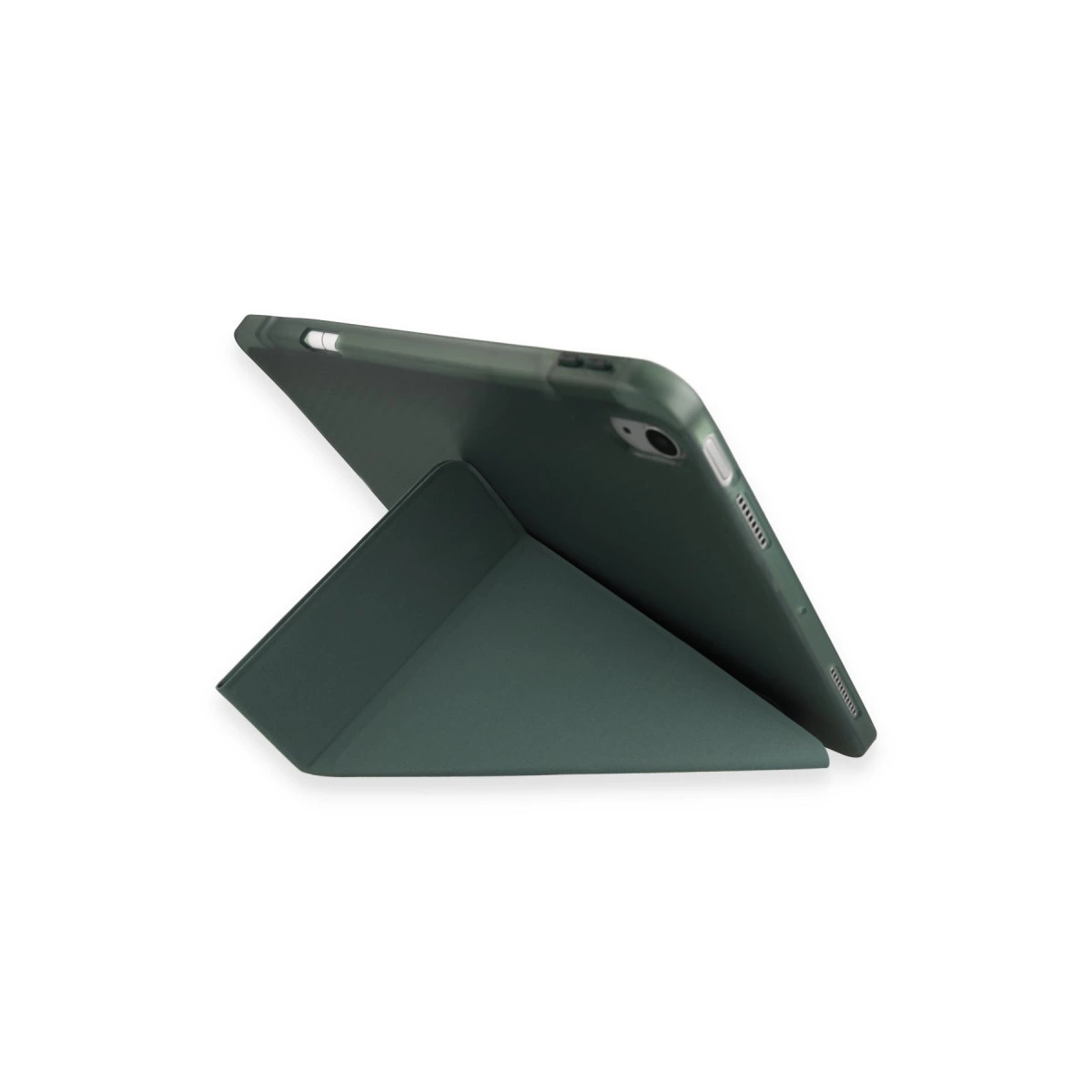 Koyu yeşil tablet, stant görevi gören katlanır kapak içinde.