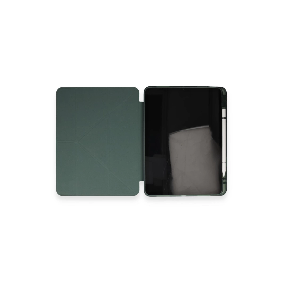 Beyaz zeminde styluslu ve açık kapaklı yeşil tablet.