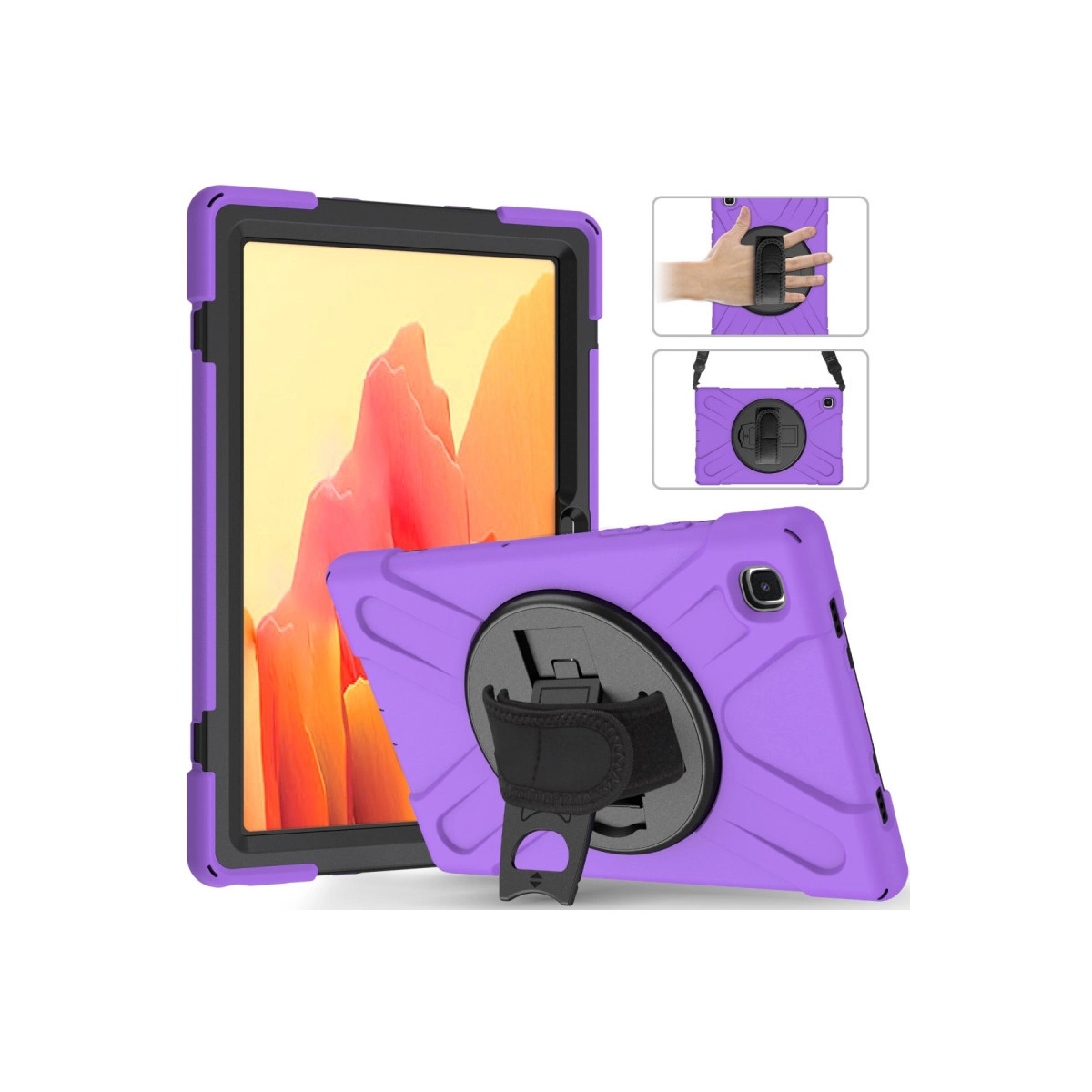Standlı ve el askılı mor tablet kılıfı. Ön ve arka görünümler gösterilmiştir.