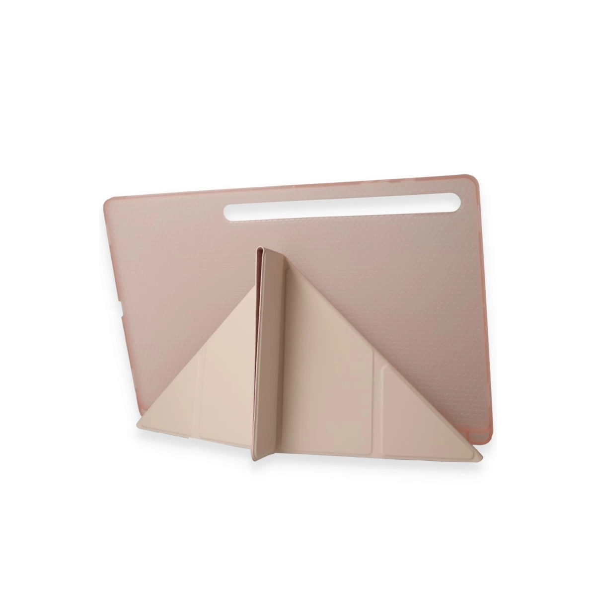 Kamera kesikli pembe tablet standı. Stand katlanmış durumdadır.