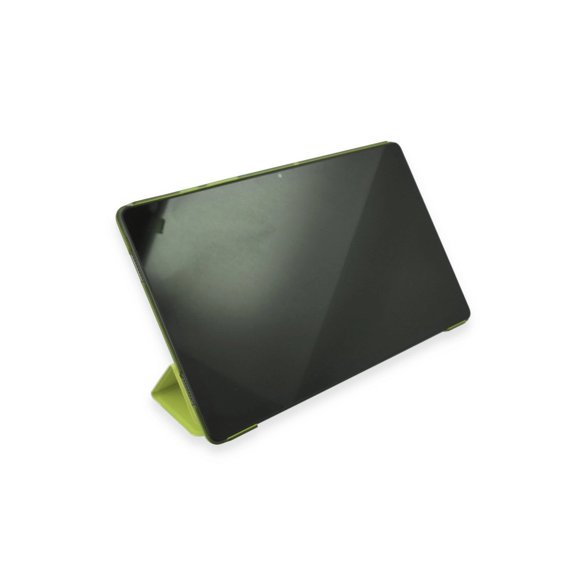 Beyaz arka plan üzerinde yeşil stantlı siyah tablet.