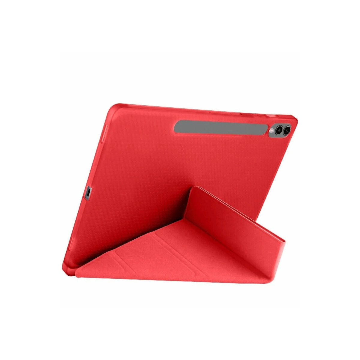 Kırmızı tablet standlı, beyaz arka, beyaz kamera girintili.