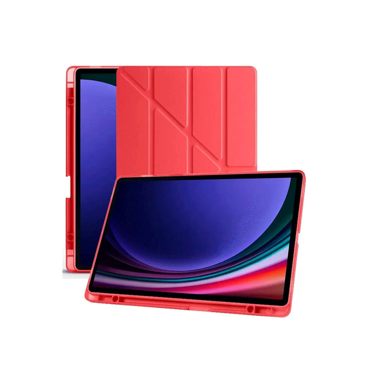 Katlanabilir kılıflı mercan rengi tablet ve mavi ekran.