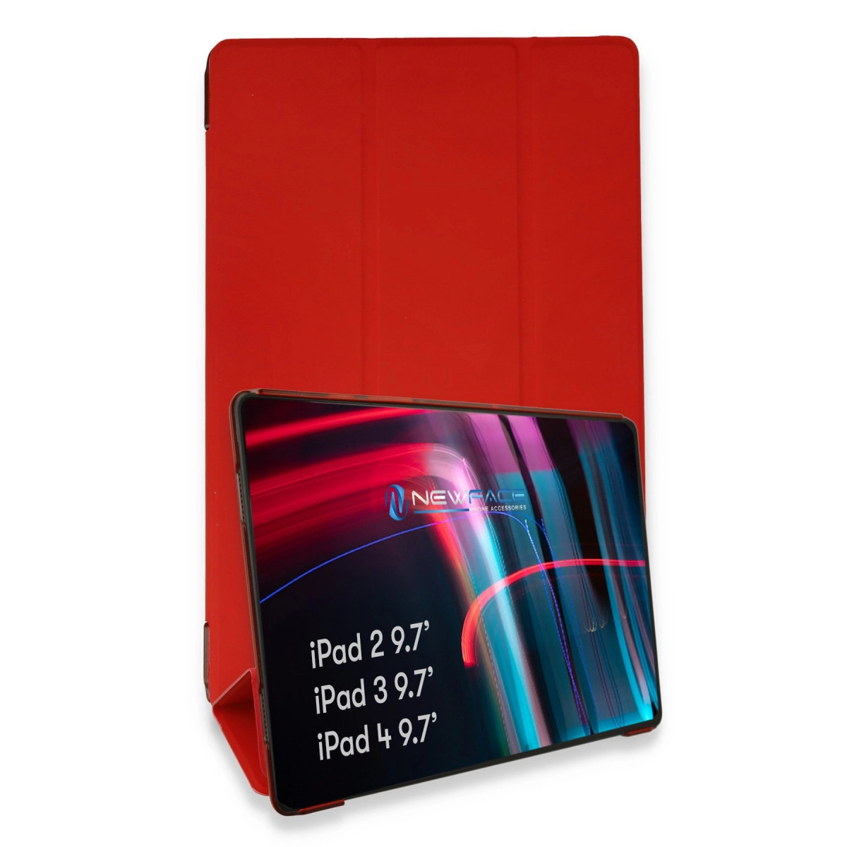Aksesuar reklamı yapan, dayandırılmış bir tablete sahip kırmızı iPad kılıfı.