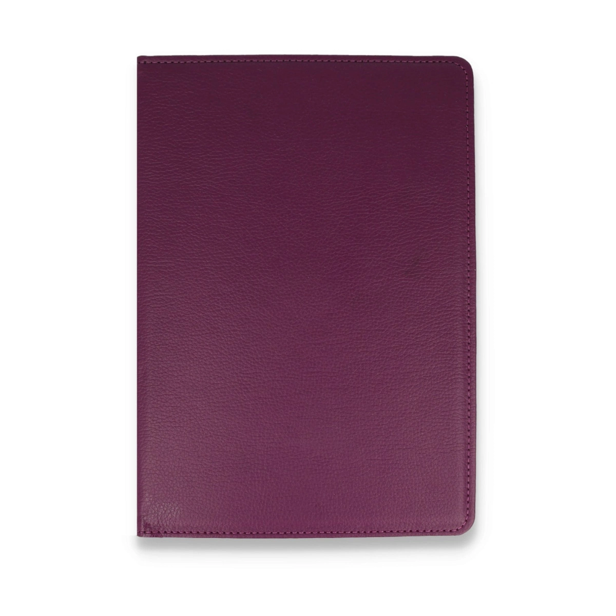 Belirgin dikişli, kapalı erik rengi deri defter.