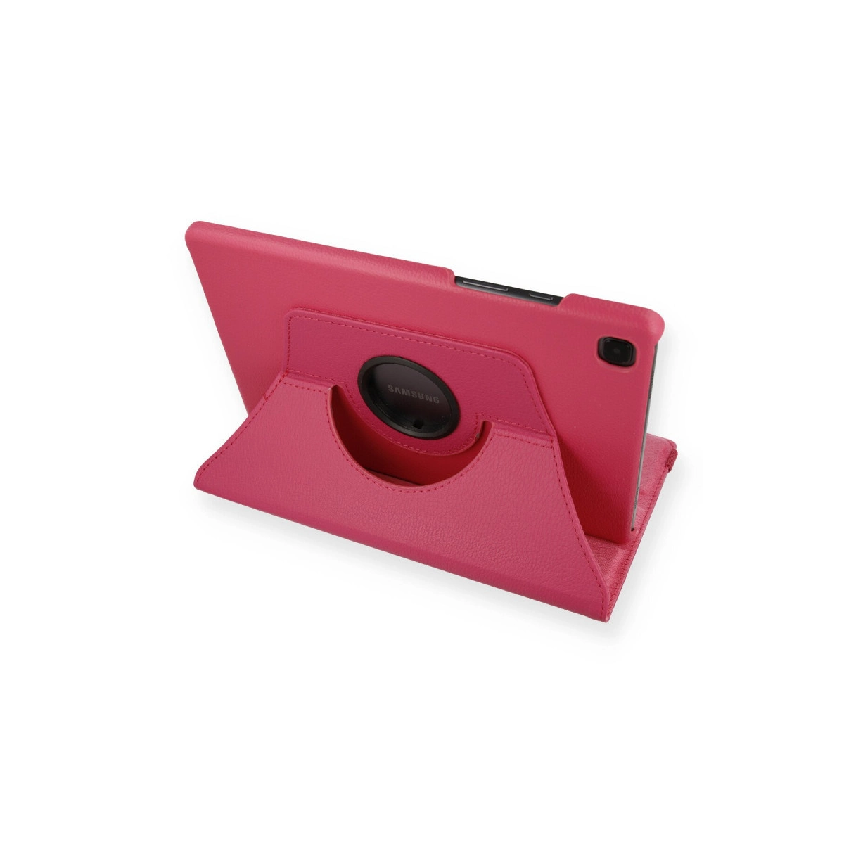 Dönebilen kılıfında pembe bir Samsung tablet beyaz zeminde dik duruyor.