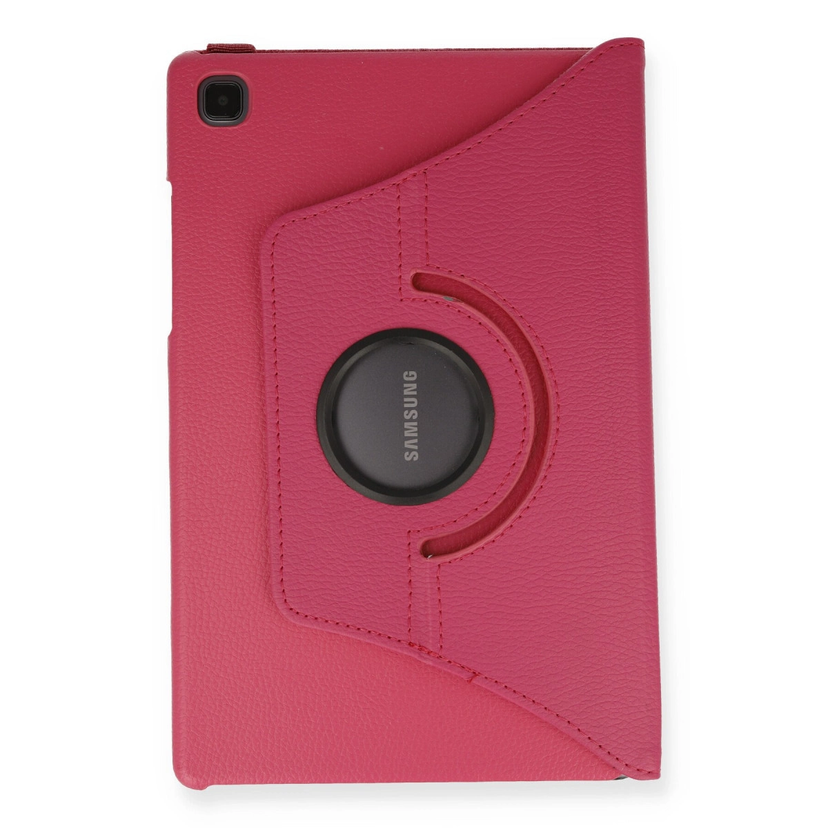 Dönen siyah Samsung logolu pembe tablet kılıfı.