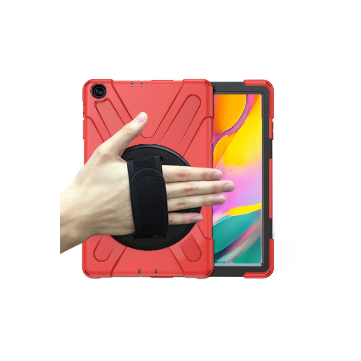 Kırmızı tablet kılıfı, tutamak ve tablet ekranı.