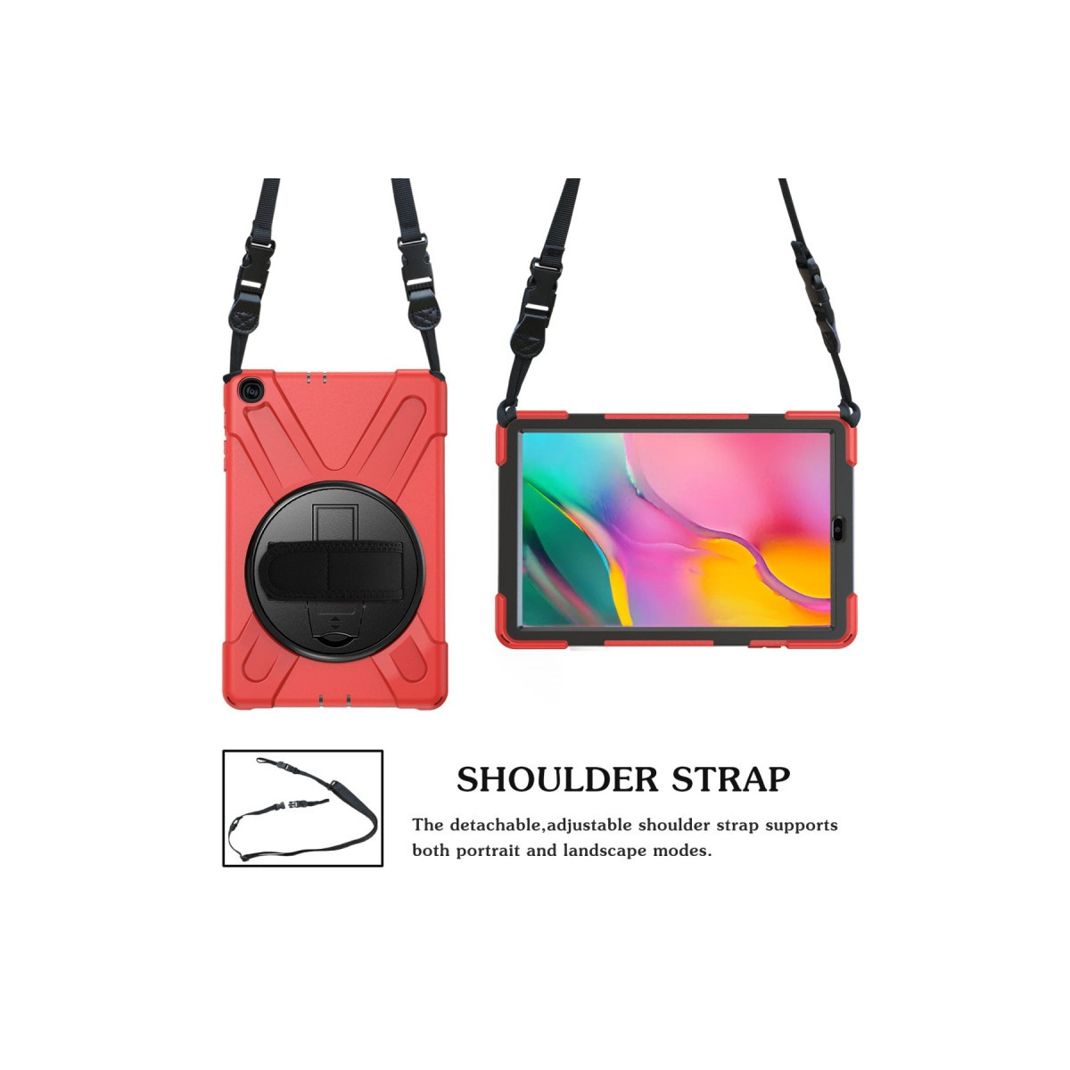 Kırmızı tablet kılıfı omuz askılı, ön ve arka görünümler.