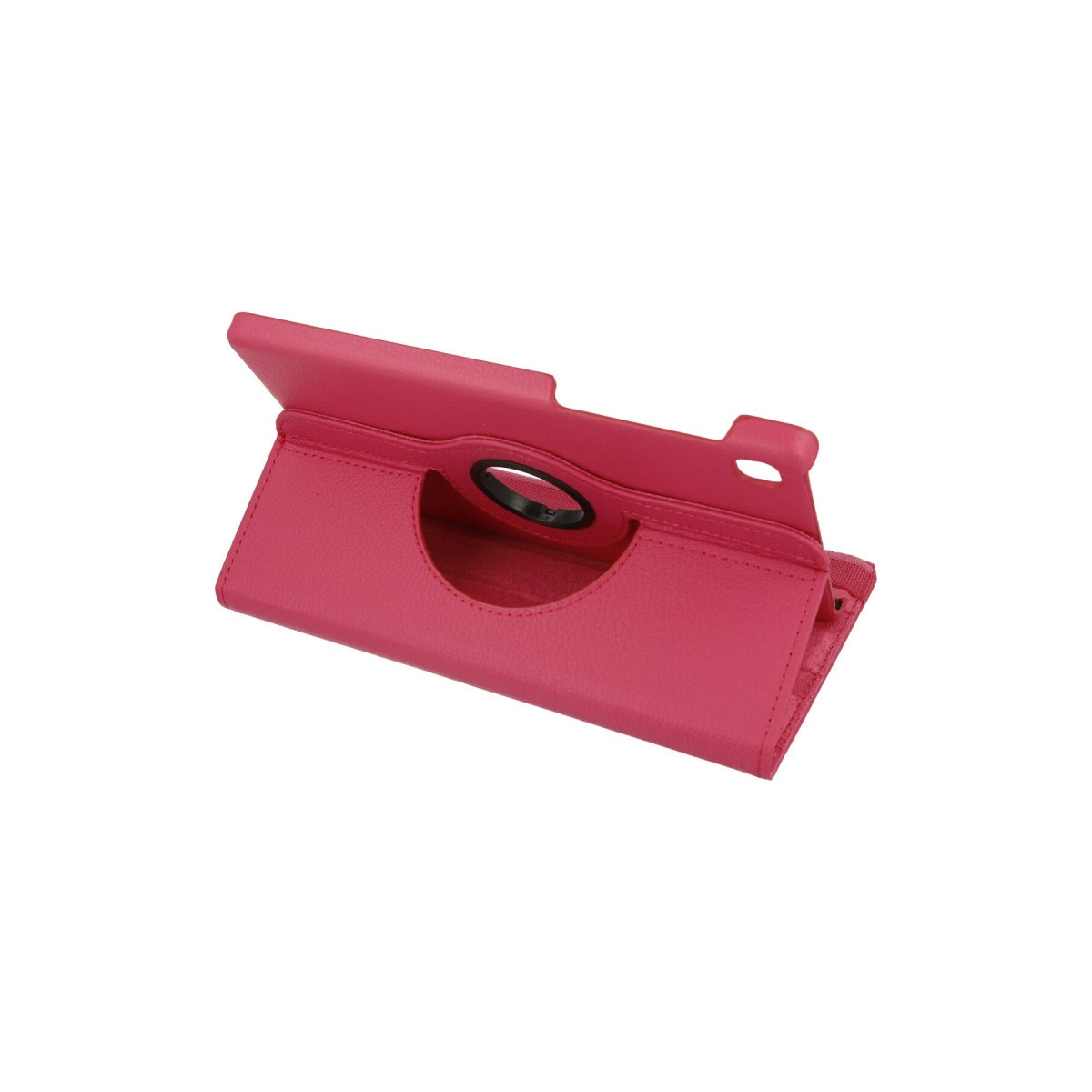 Dairesel kesimli ve girintili pembe tablet standı.