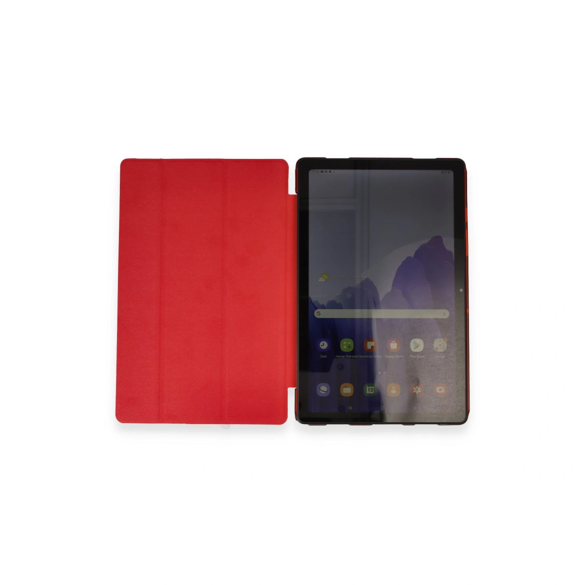 Beyaz zeminde açık kılıflı kırmızı bir tablet.