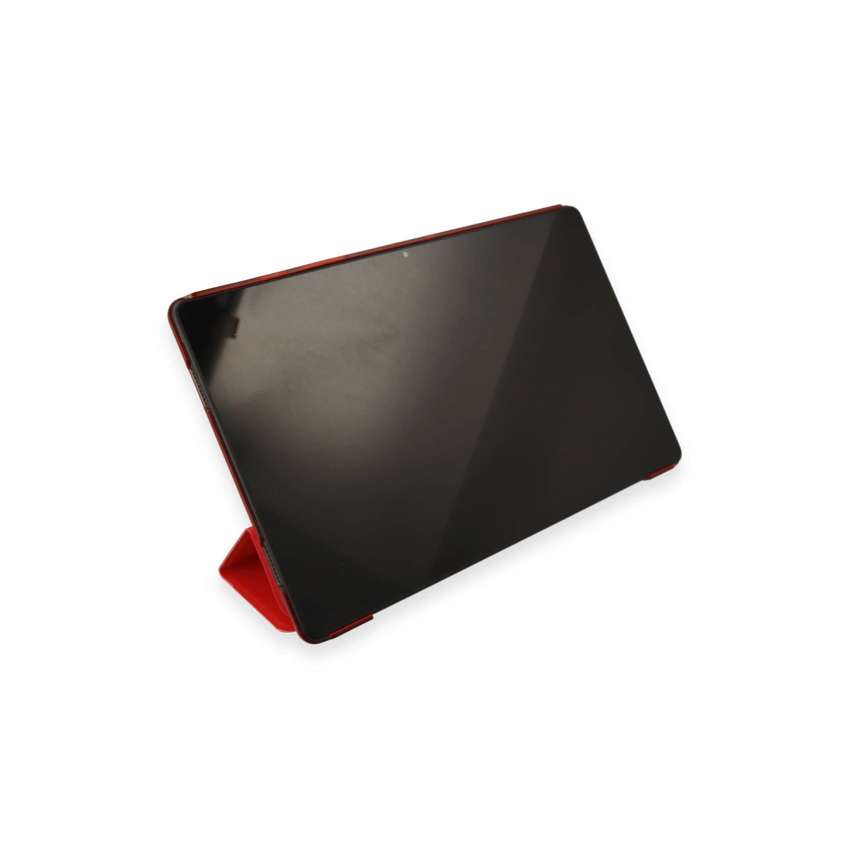 Koyu ekranlı kırmızı tablet bir stant üzerinde duruyor.
