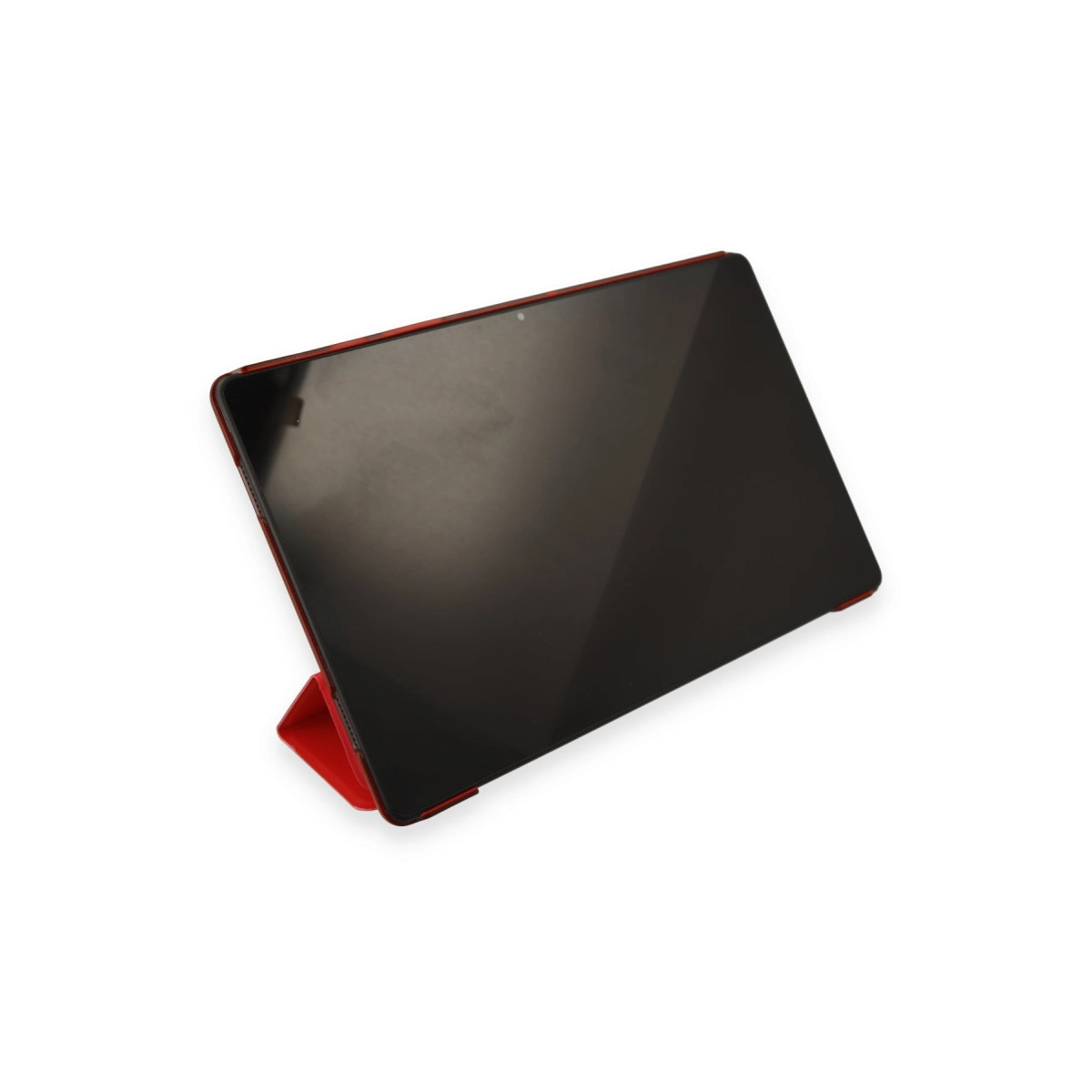 Beyaz arka plan üzerinde kırmızı stantlı siyah tablet.