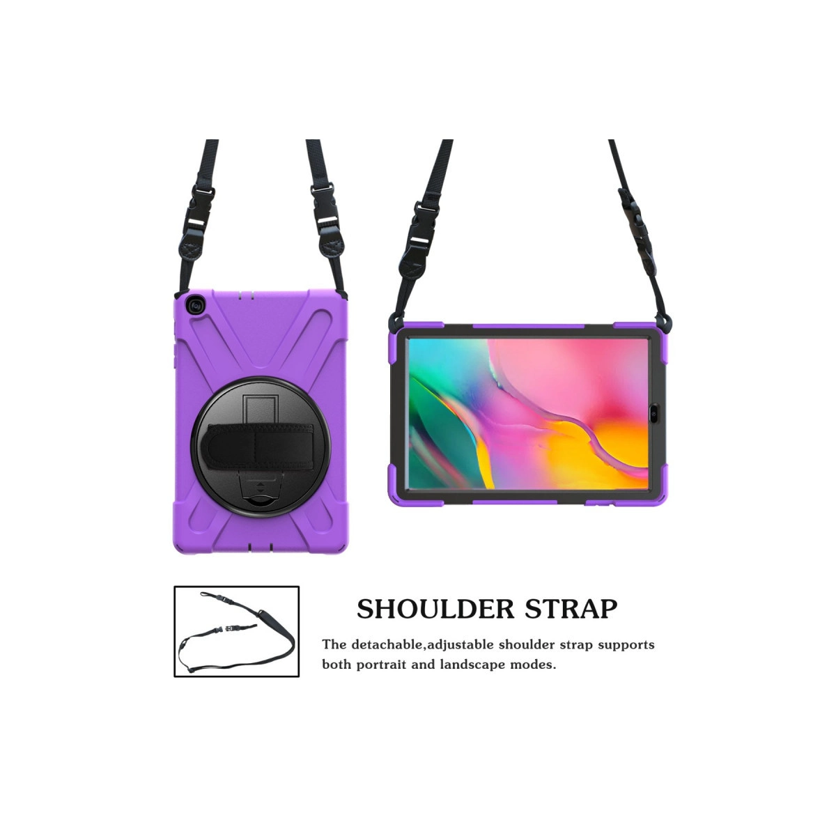 Mor tablet kılıfı omuz askılı, ön ve arka görünümler.