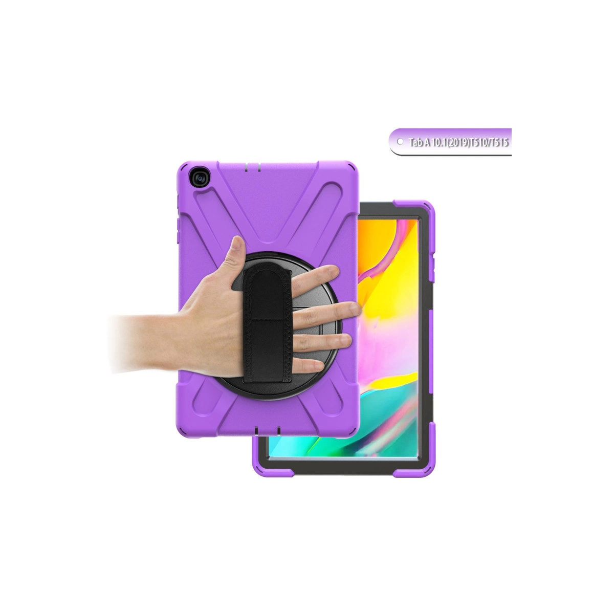 Döndürülebilir tutamaklı mor tablet kılıfı ve içinde bir tablet.