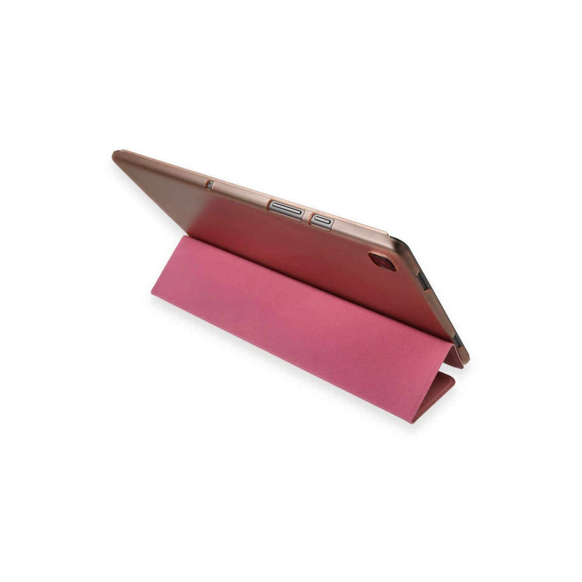Beyaz arka plan üzerinde pembe kılıflı, rose gold tablet.