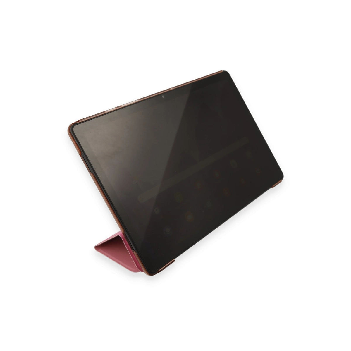 Beyaz arka plan üzerinde pembe stantlı koyu renk tablet.