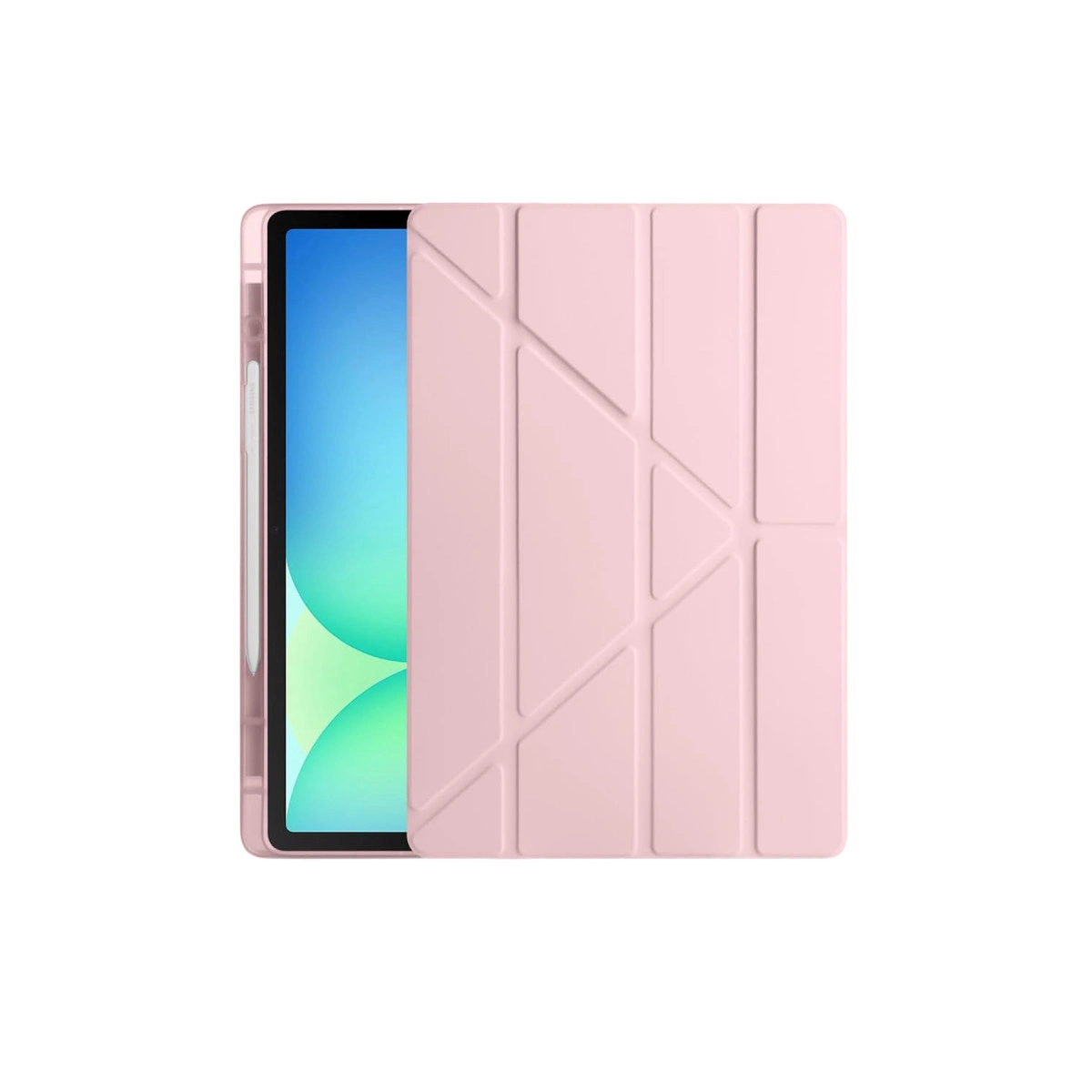 Pembe bir tablet, kalem tutucu ve katlanmış kapaklı.
