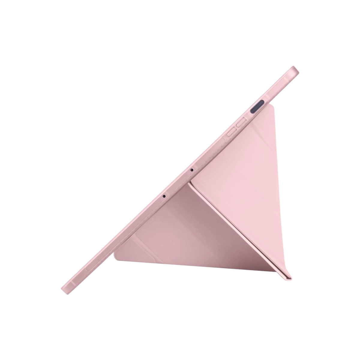 Pembe bir tablet stantlı, yandan beyaz arka plan üzerinde görünüyor.