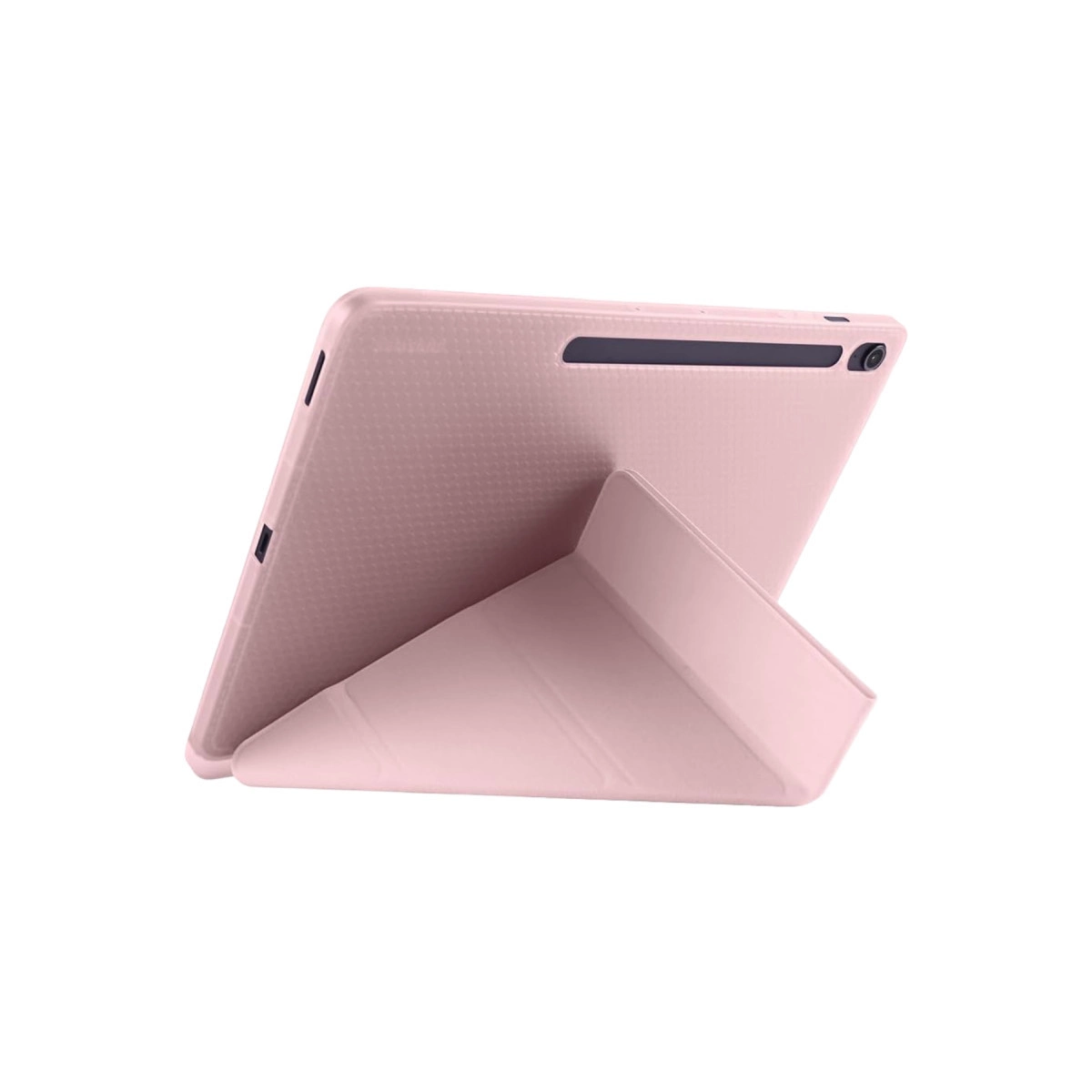 Dokuya sahip pembe tablet kılıfı dik duruyor.