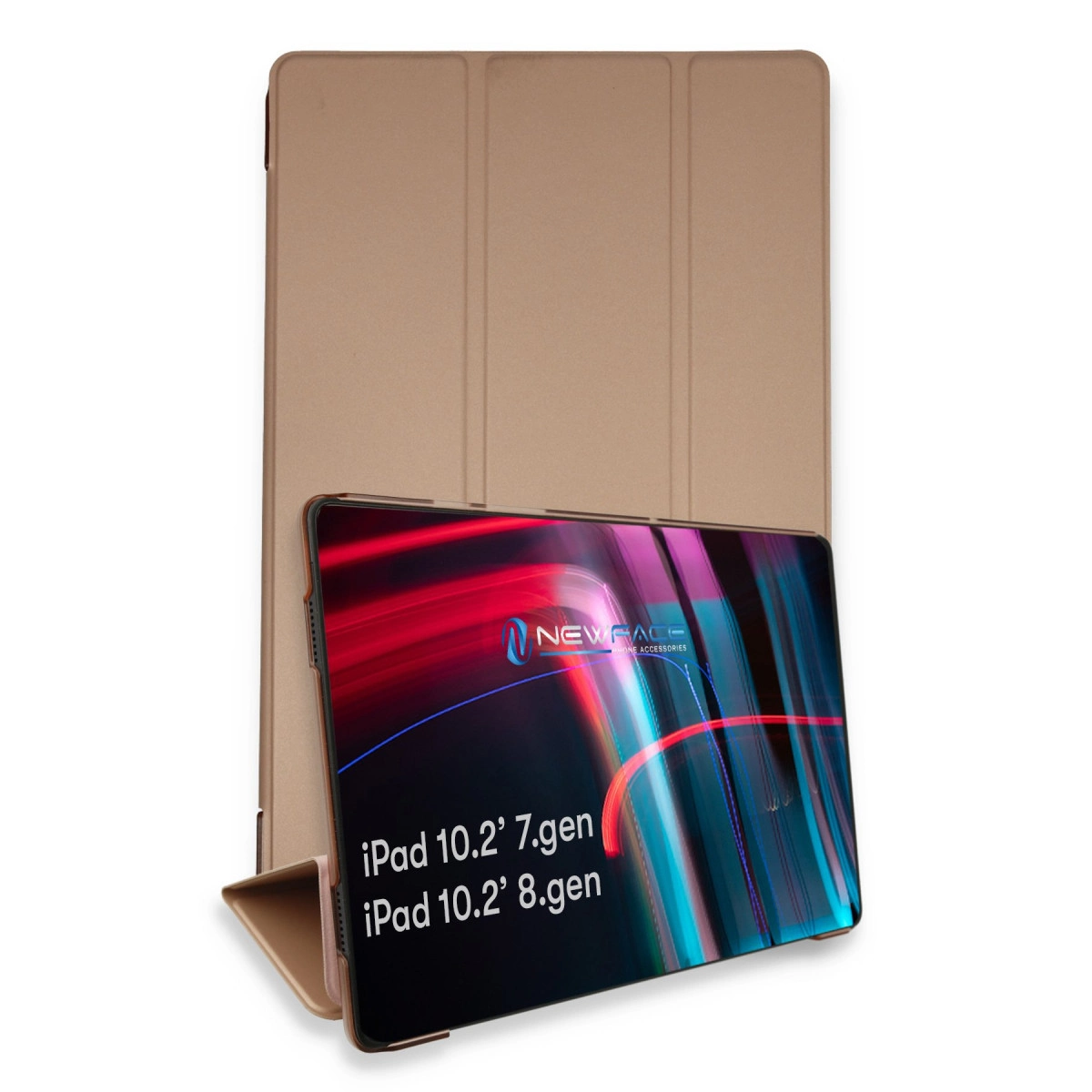 Altın rengi iPad kılıfı ayakta, "iPad 10.2" 7. nesil / 8. nesil" yazan tablet ile.