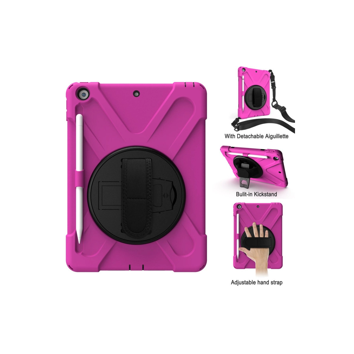 Kalemlik, stant ve kayışlı pembe tablet kılıfı.