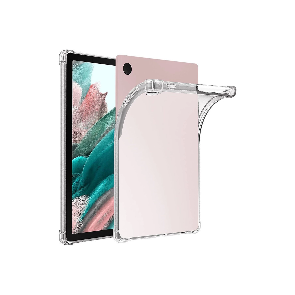 Renkli ekran arka planına sahip pembe bir tablette şeffaf tablet kılıfı.