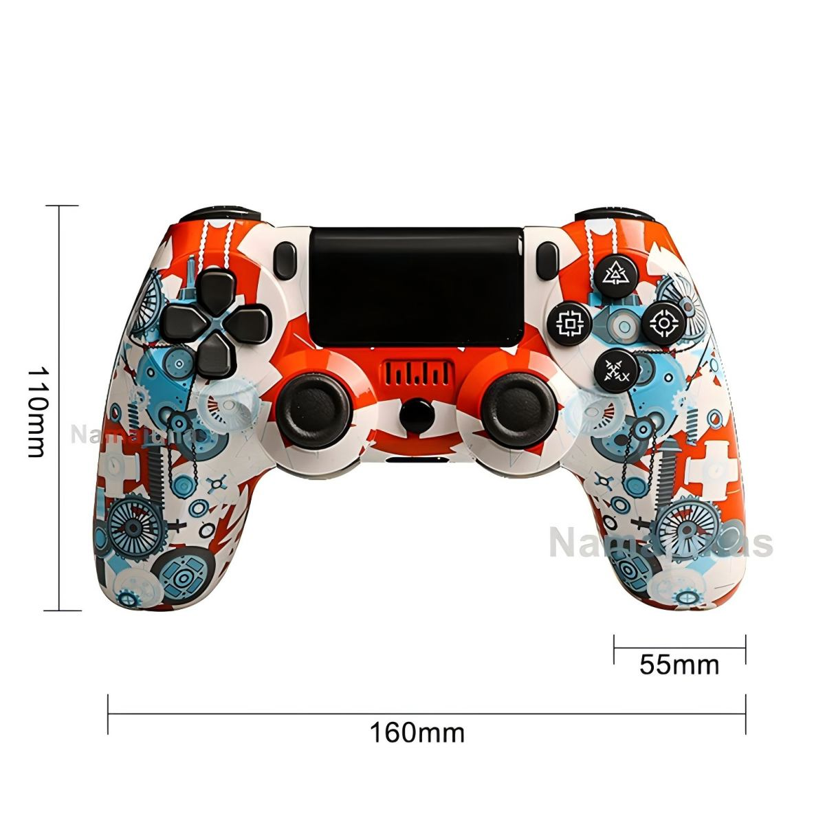 Ein weißer Controller mit orangefarbenen und blauen Zahnradmustern, mit Maßen.