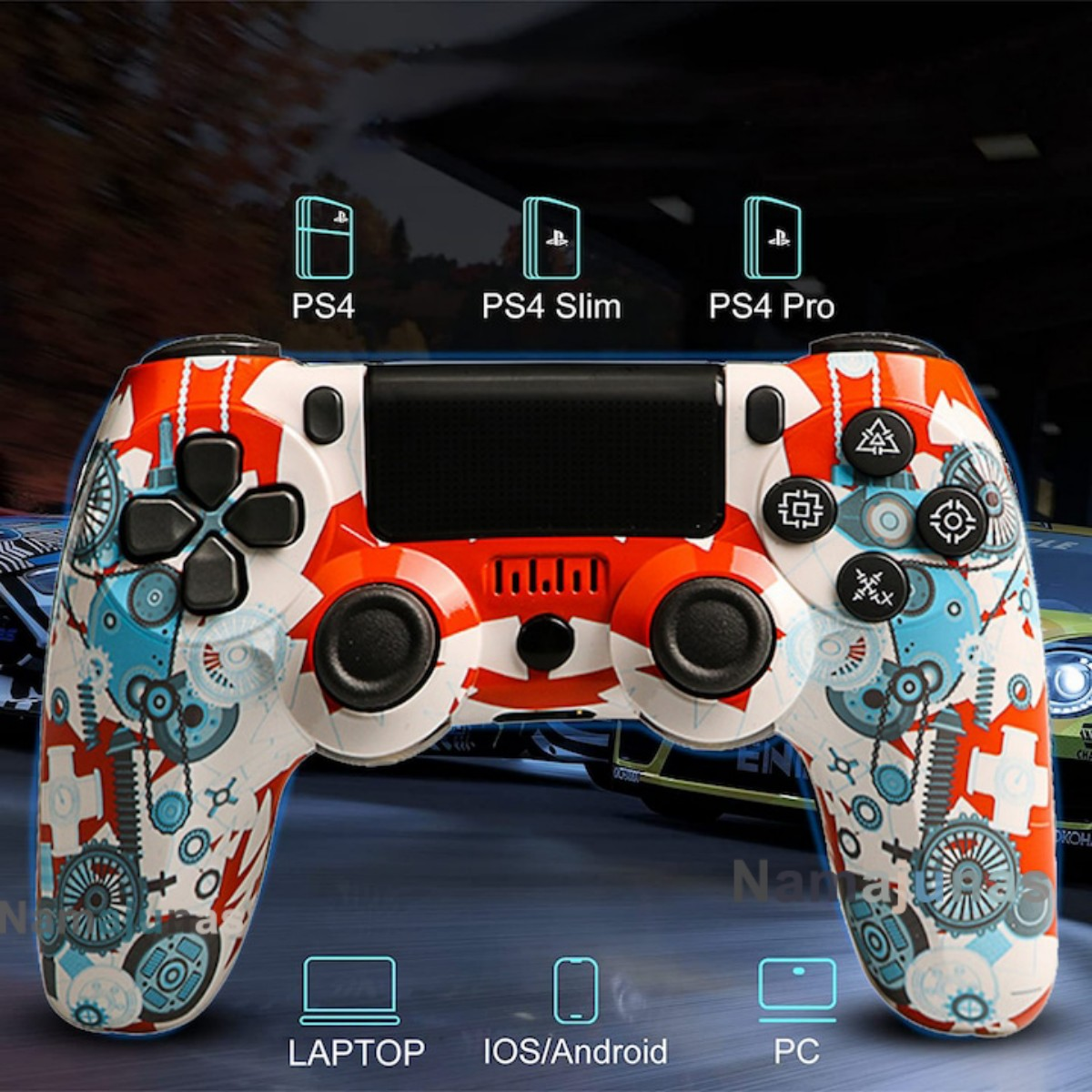 Ein bunter Controller mit PS4-, PS4 Slim- und PS4 Pro-Symbolen darüber.