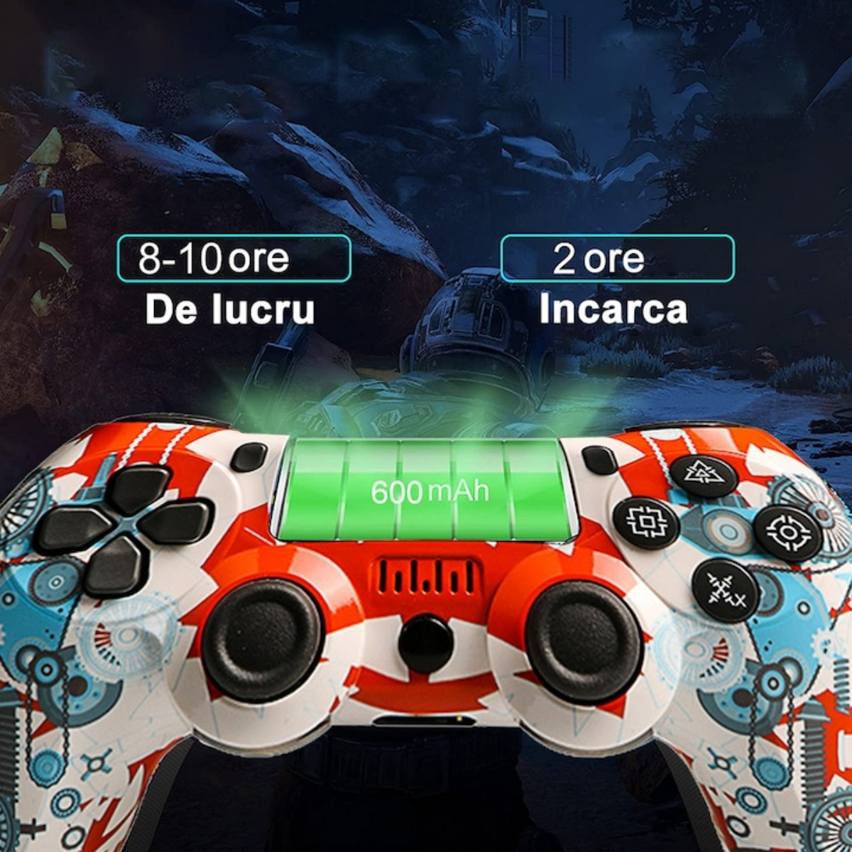 Ein farbenfroher Gamecontroller mit einer grünen Batterieanzeige (600 mAh).