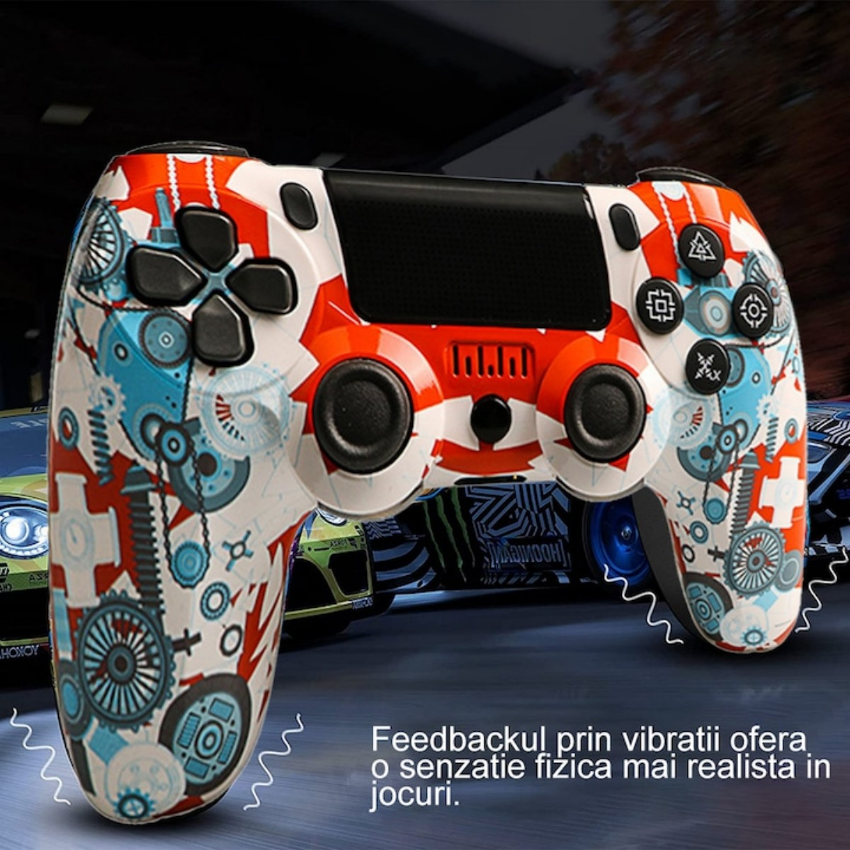 Ein bunt gestalteter Controller mit Zahnrädern und mechanischen Elementen, vor unscharfen Autos.