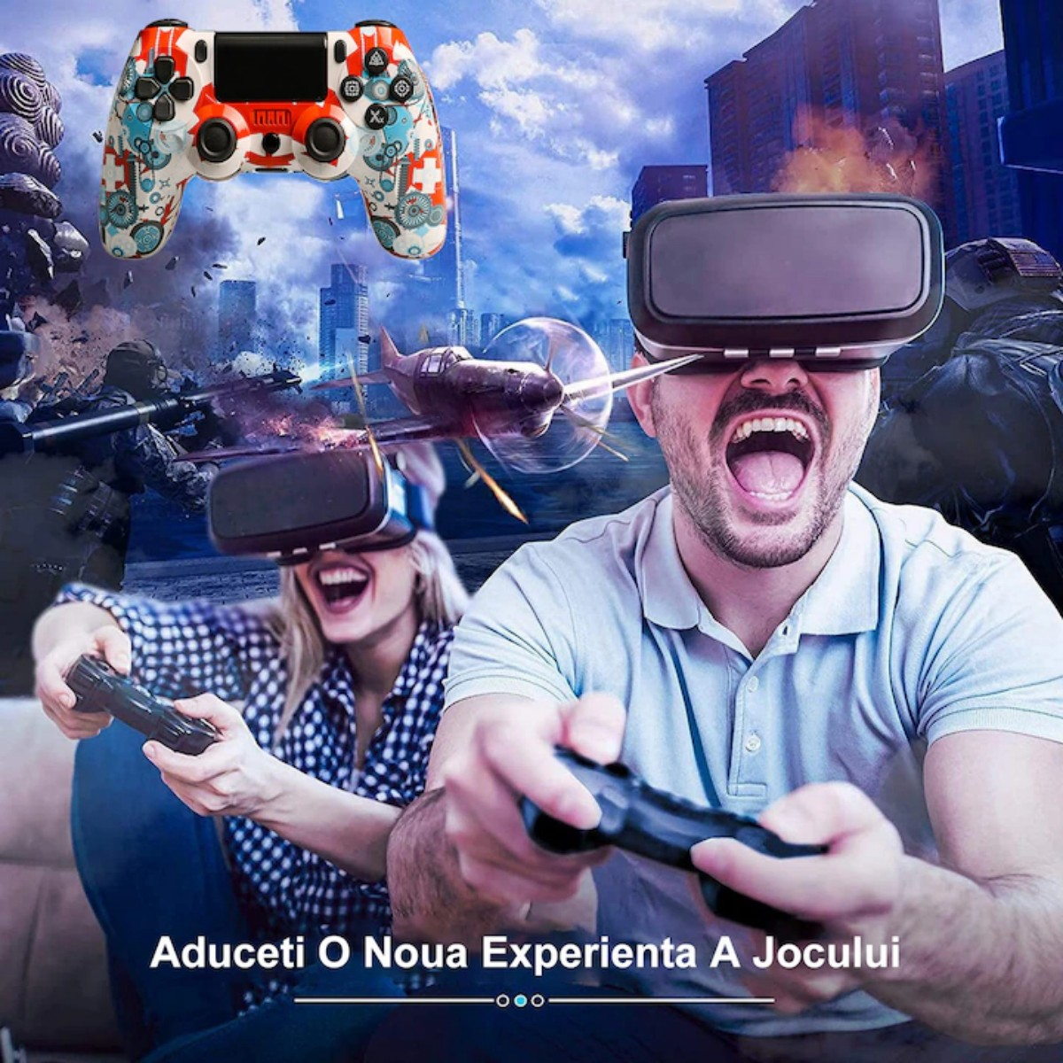 Menschen mit VR-Brillen spielen Videospiele mit einem Controller und Flugzeug im Hintergrund.