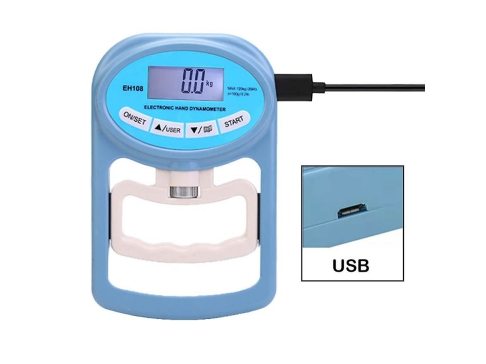 Ein hellblaues Handdynamometer mit USB-Anschluss und digitaler Anzeige.
