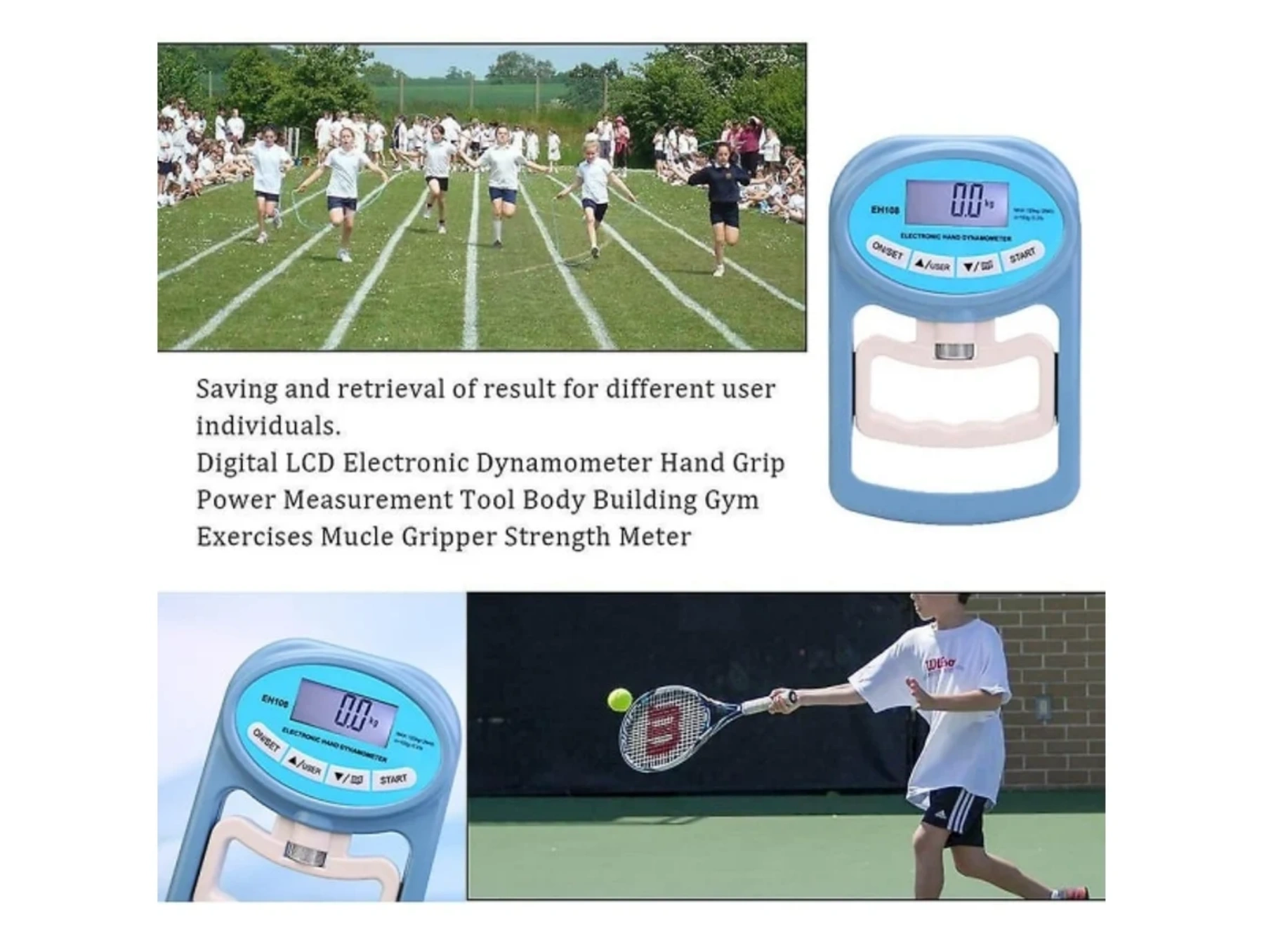 Kinder beim Rennen auf einem grünen Feld, ein Handdynamometer und ein Tennisspieler.