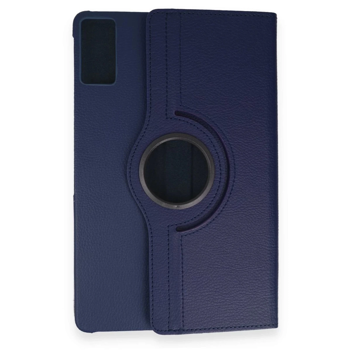 Döndürülebilir stantlı ve kamera kesimli lacivert dokulu tablet kılıfı.