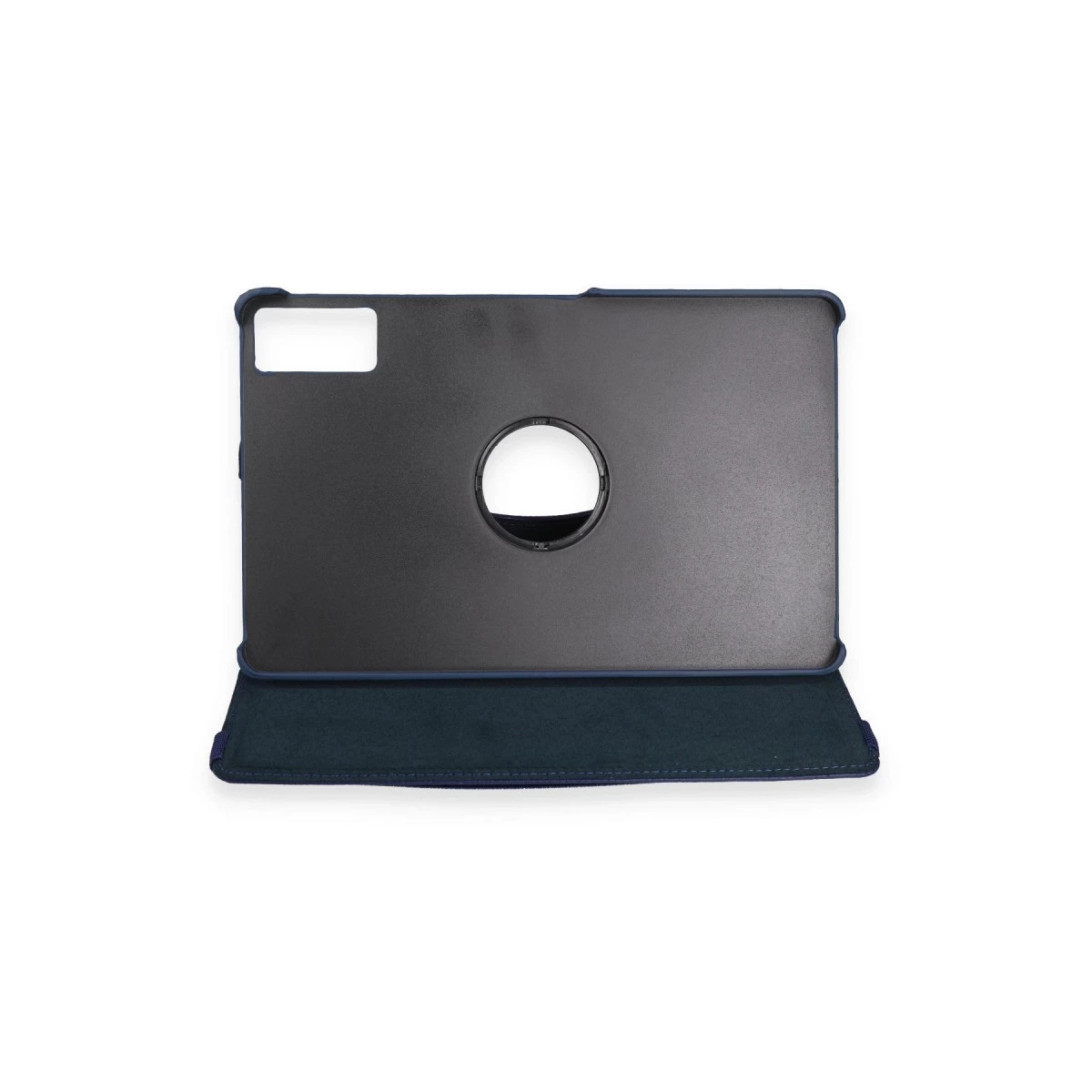 Mavi kenarlı ve dairesel kesimli koyu gri tablet kılıfı. Beyaz arka plan.