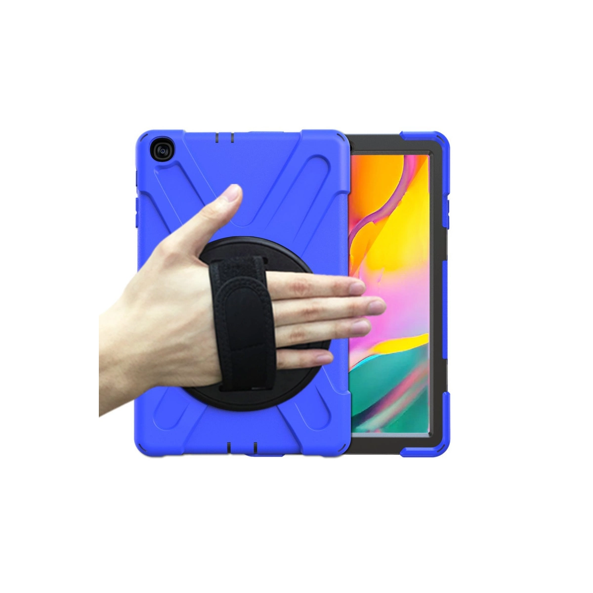 Eldivenli mavi tablet kılıfı, bir el ile tutuluyor. Ekran renkli soyut bir görüntü gösteriyor.