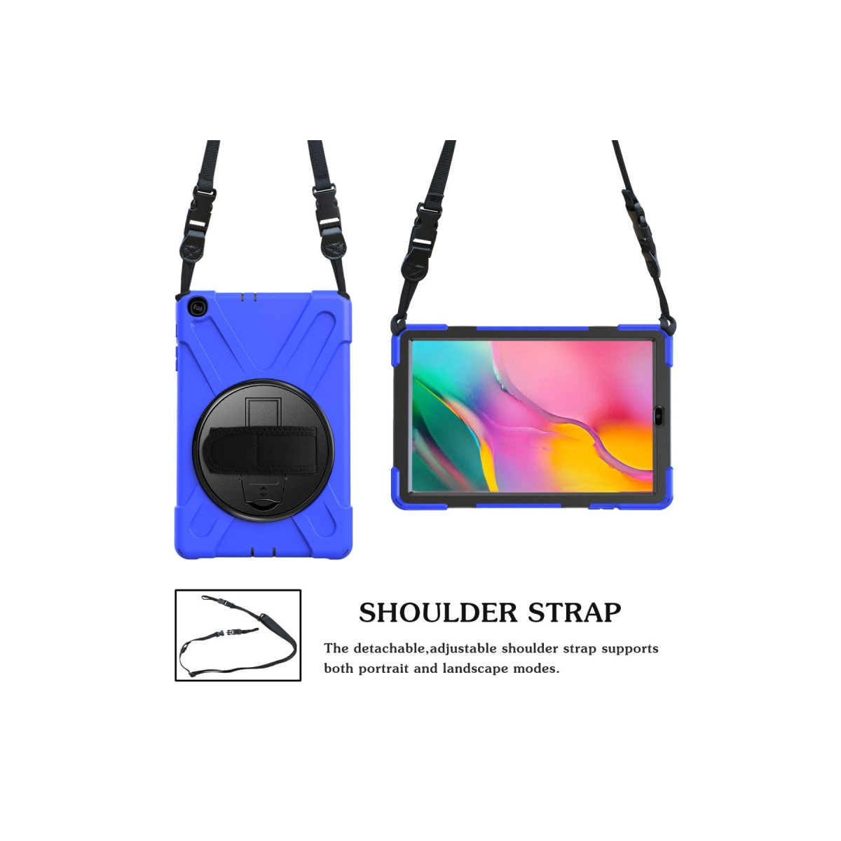 Omuz askılı mavi tablet kılıfı, ön ve arka görünümler.