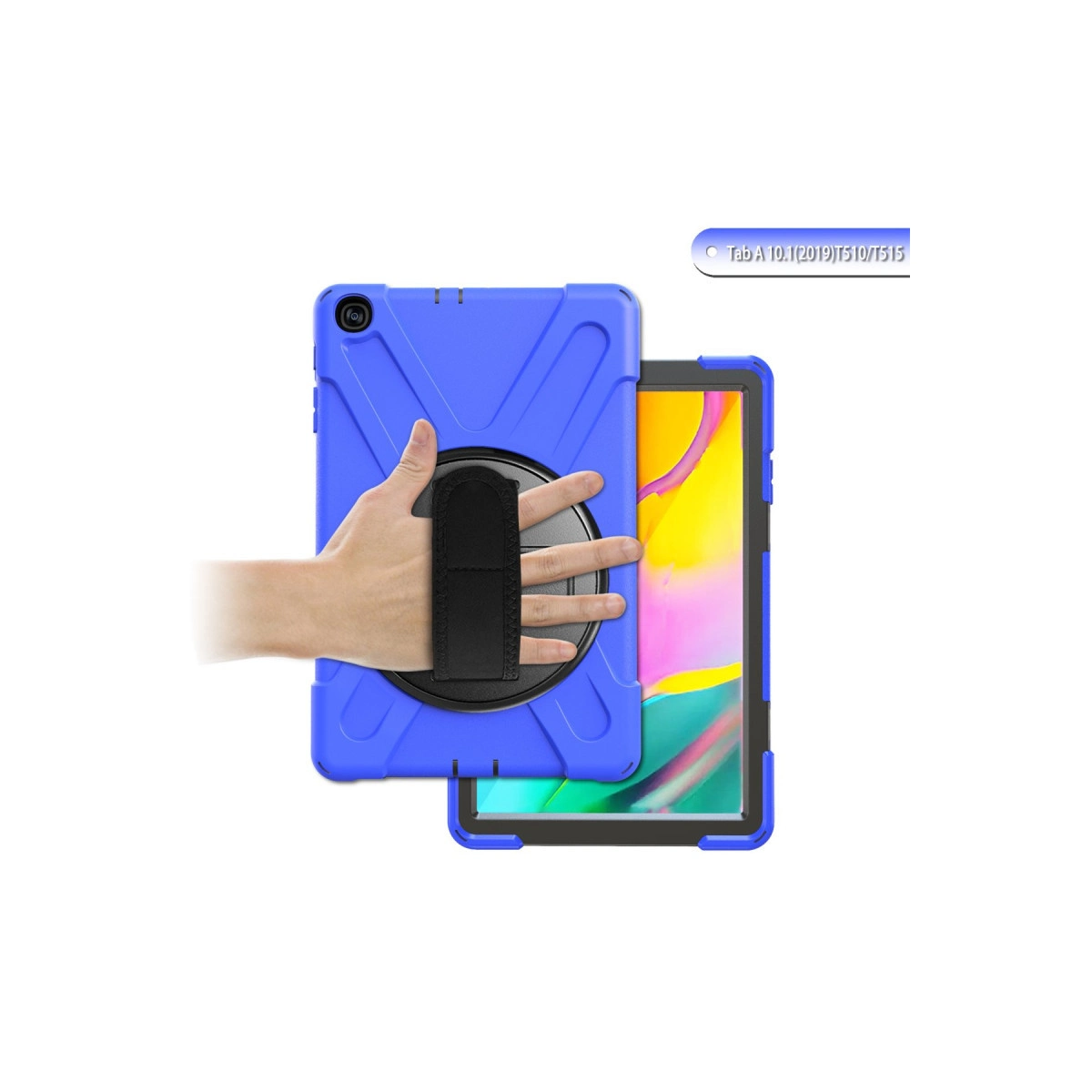 Bir el, döner tutamaçlı mavi tablet kılıfını tutuyor. Bir tablet görünüyor.