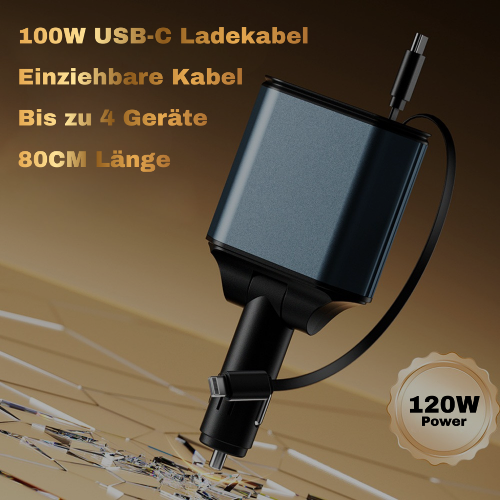 Einziehbares 100W USB-C Ladekabel mit 80cm Länge, lädt bis zu 4 Geräte.