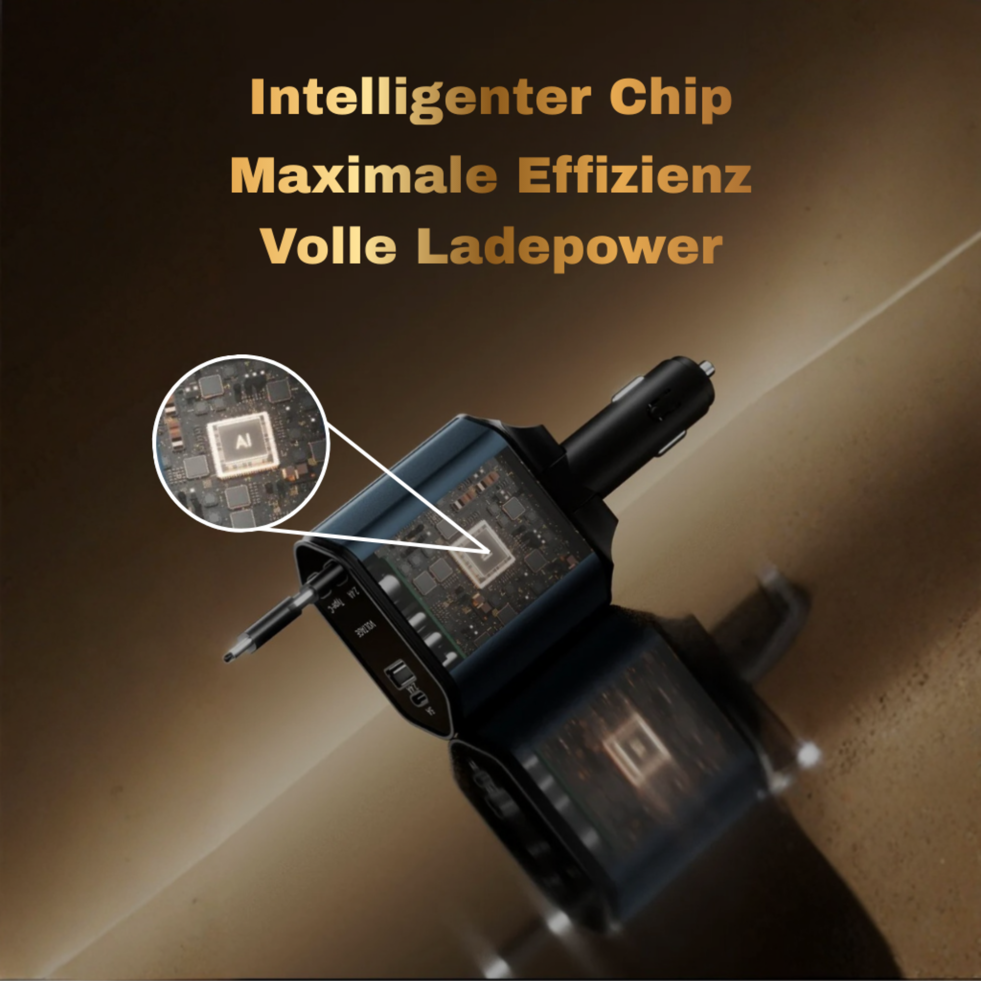 Ein Auto-Ladegerät mit Chip-Detail. Intelligenter Chip, maximale Effizienz.