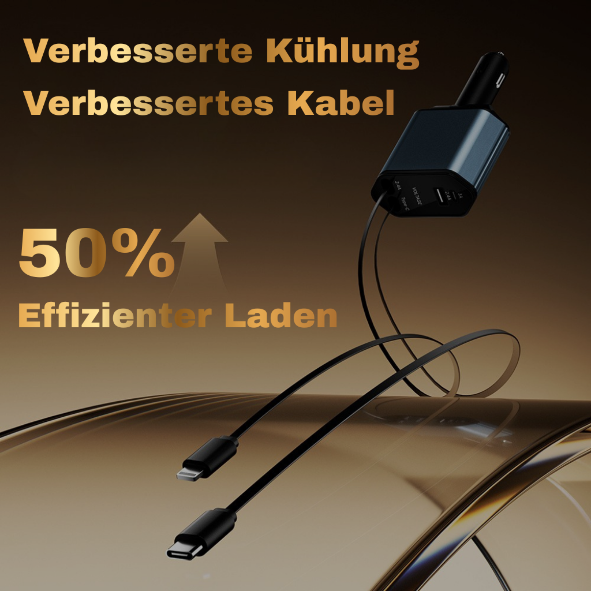 Ein dunkler Auto-Ladegerät mit zwei Kabeln und der Aufschrift "50% Effizienter Laden".