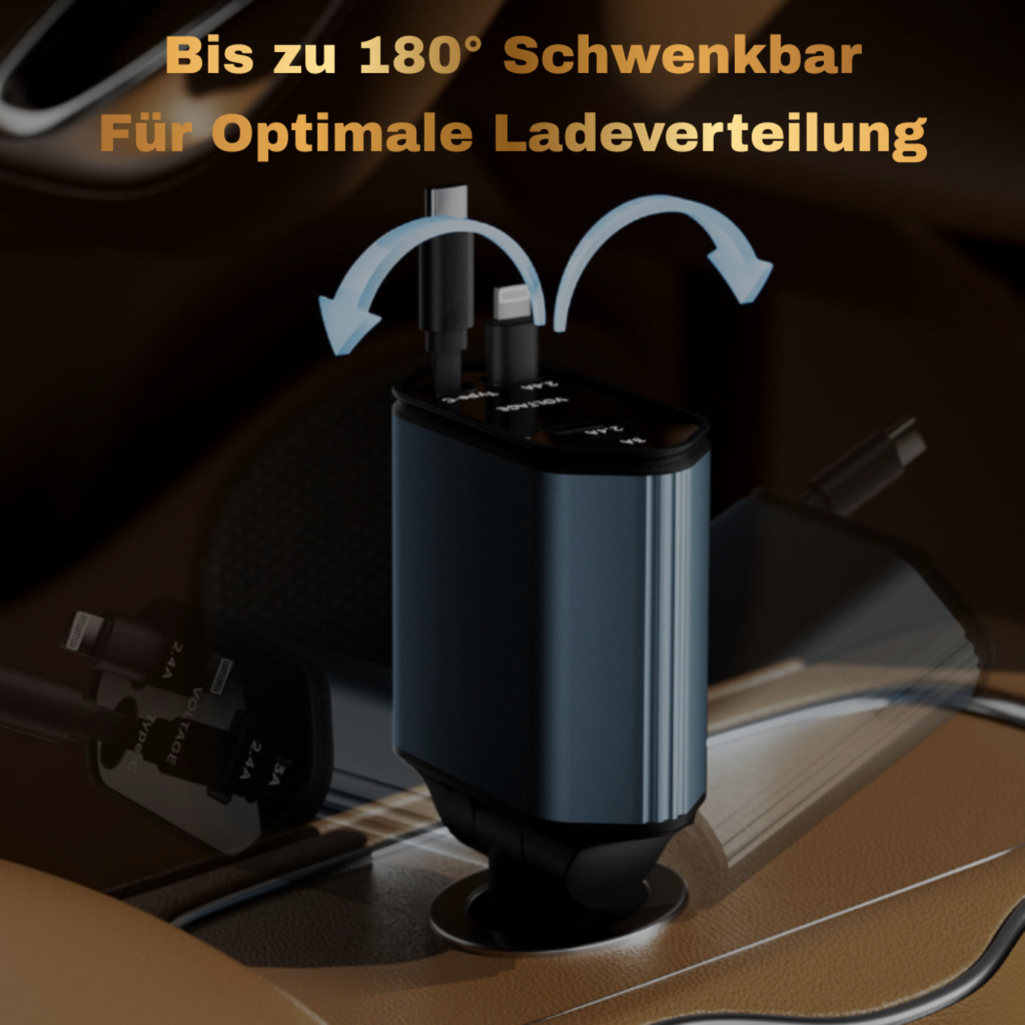Ein blaues Ladegerät mit USB-C und Lightning-Kabeln, schwenkbar.