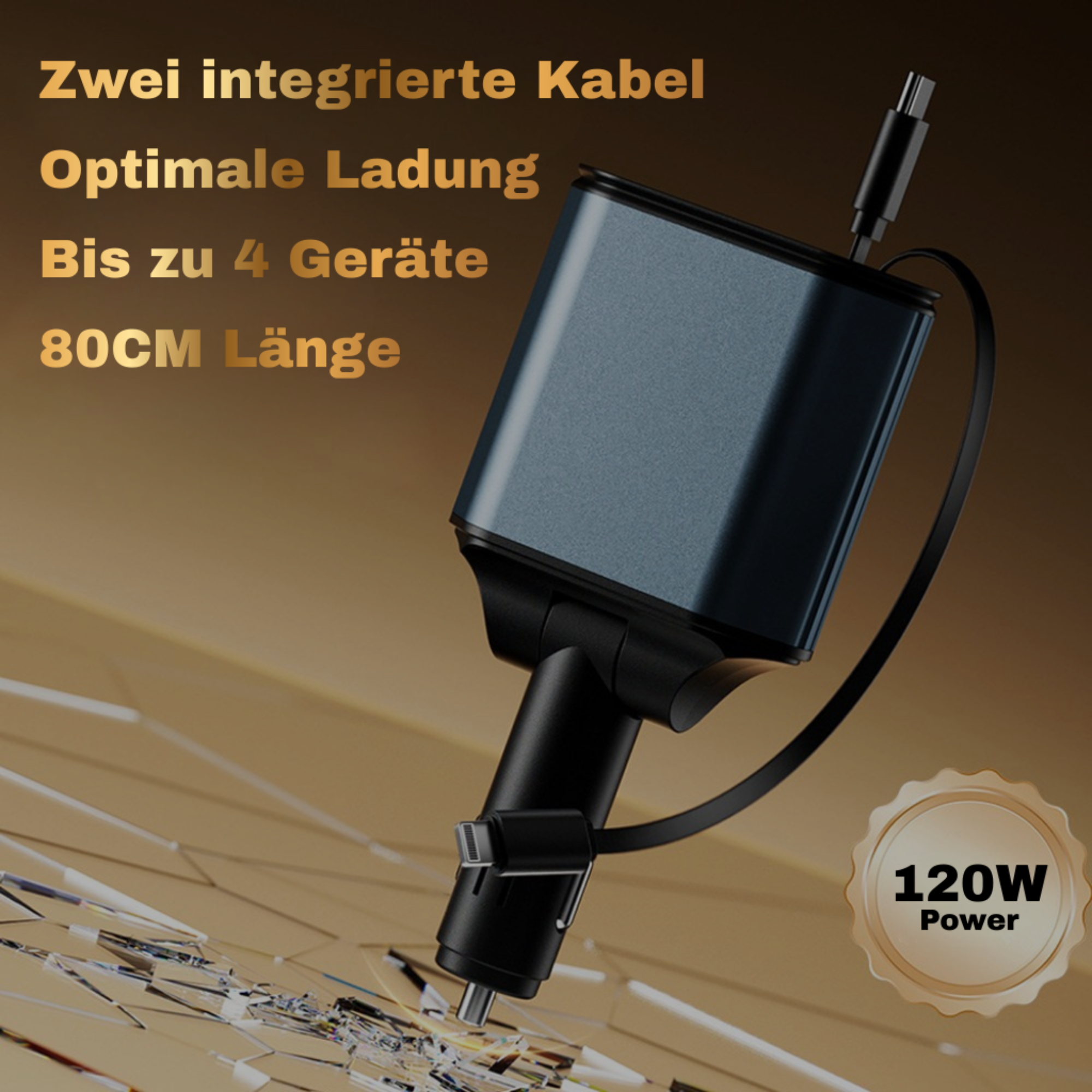 Ein grauer Ladeadapter mit Kabel und "120W Power"-Siegel.