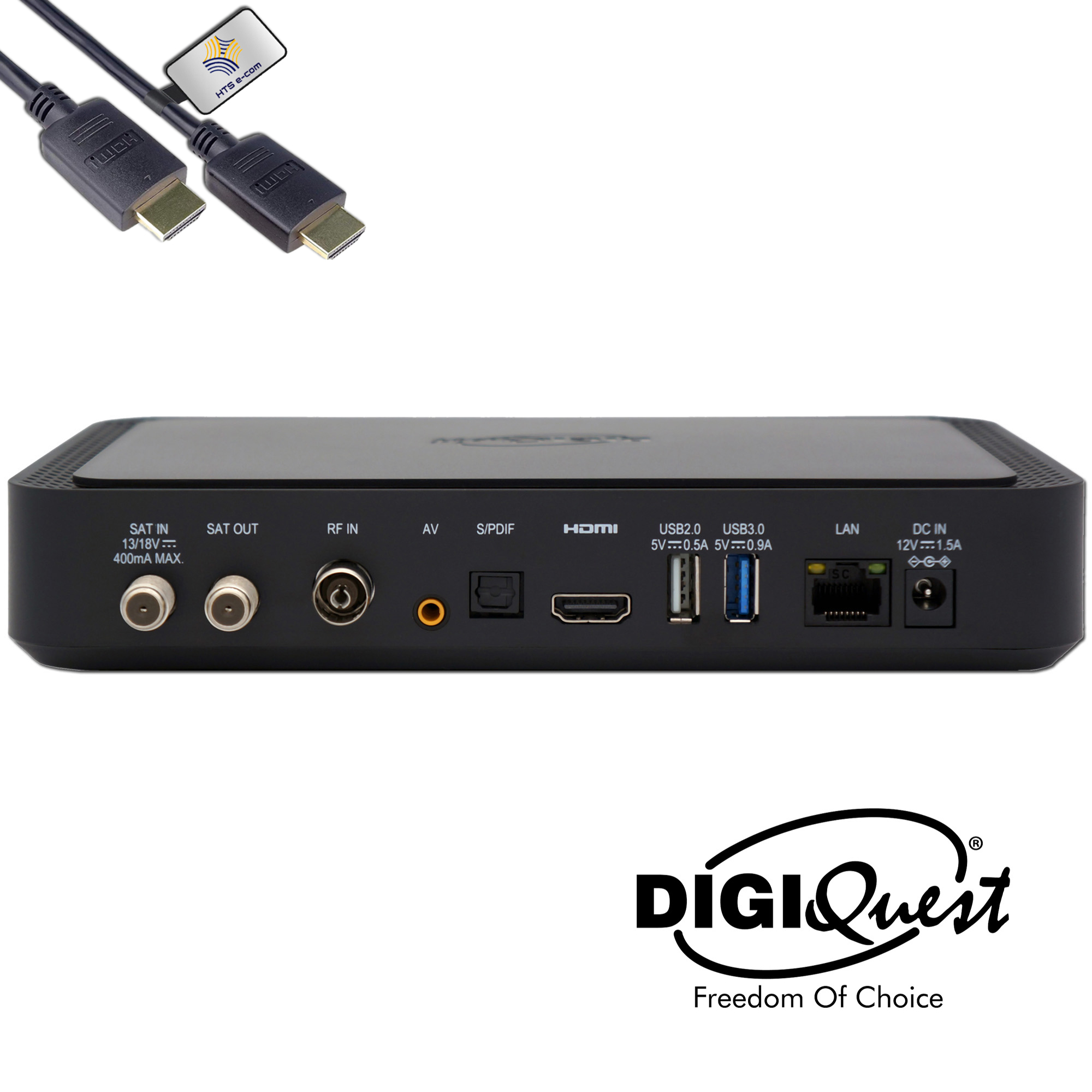 Vista posteriore di un ricevitore Digiquest nero con porte SAT IN, HDMI, USB e LAN.