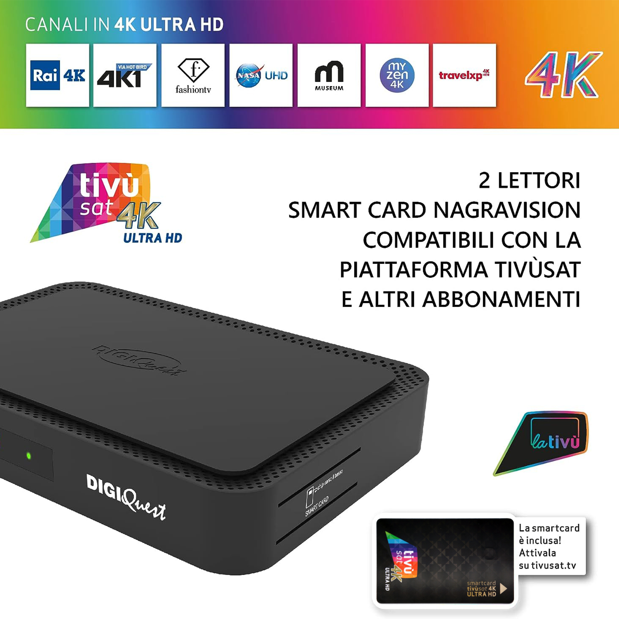 Un decoder digitale nero con logo "DIGIQuest" e vari loghi di canali 4K.
