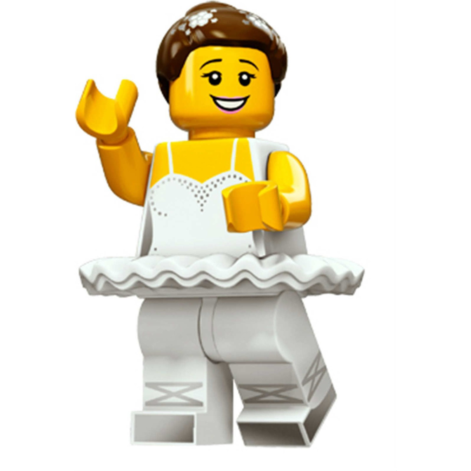 Beyaz tütü ve beyaz pantolonlu, kahverengi saçlı ve gülümseyen yüzlü Lego balerin.