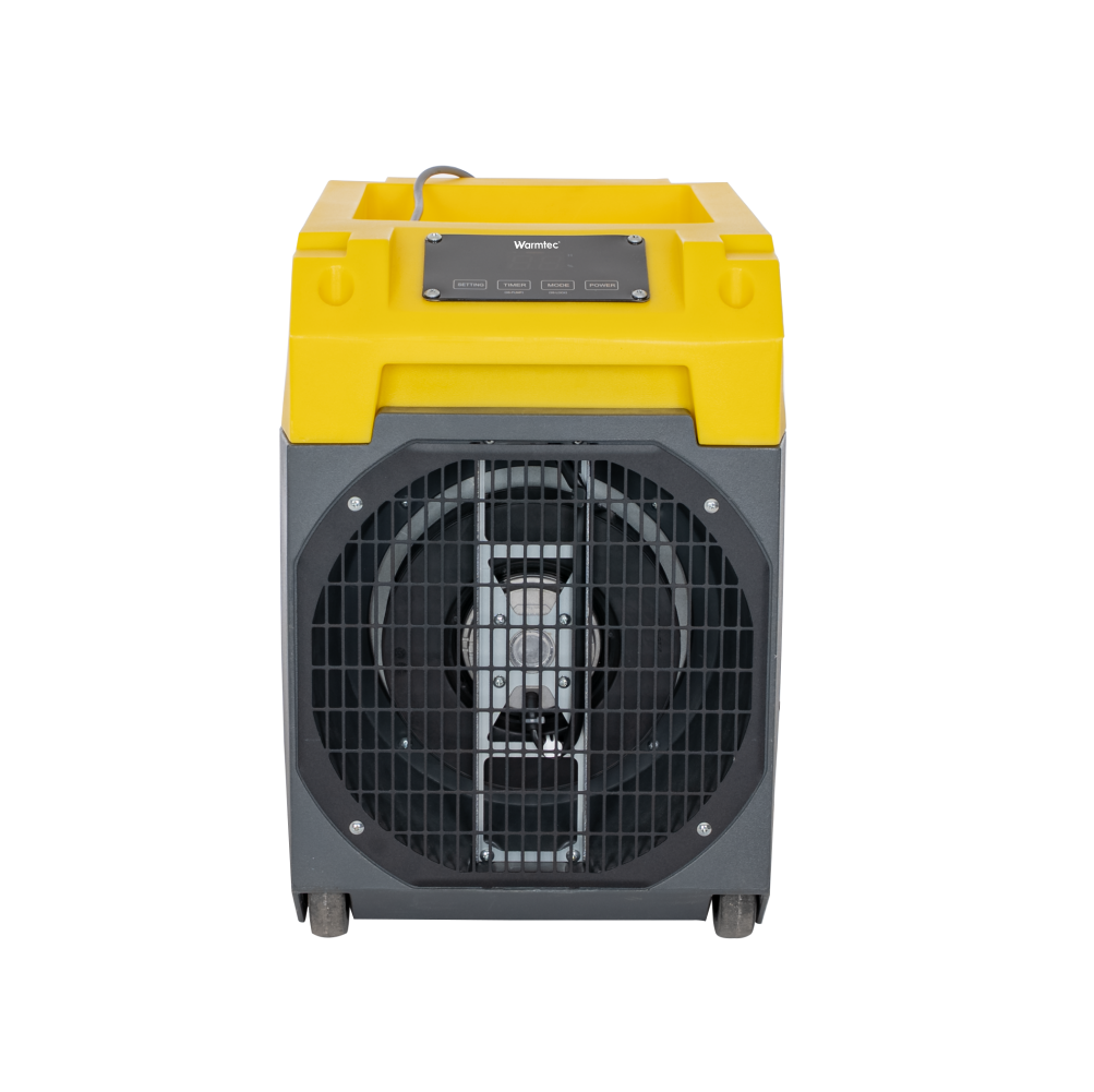 Żółto-szary grzejnik z wentylatorem, kratką i panelem sterowania na białym tle.